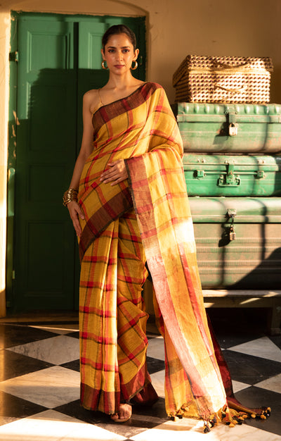 Striking Linen Saree in Goldenrod yellow, with Red & Black Checks