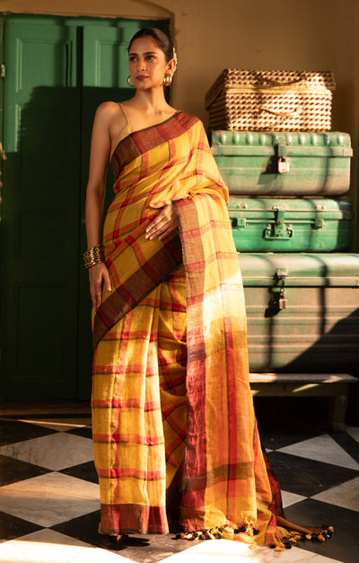 Striking Linen Saree in Goldenrod yellow, with Red & Black Checks