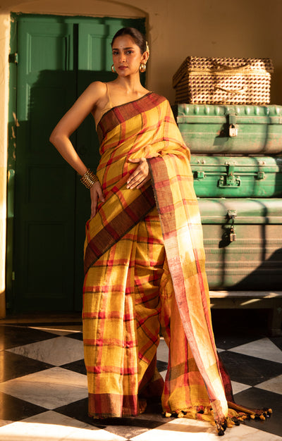 Striking Linen Saree in Goldenrod yellow, with Red & Black Checks