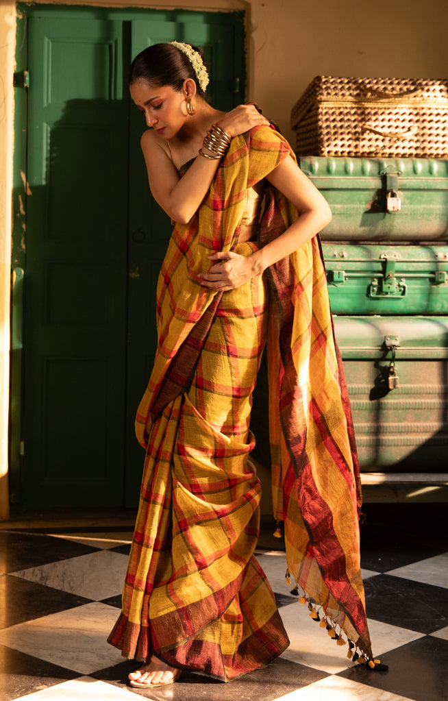 Striking Linen Saree in Goldenrod yellow, with Red & Black Checks