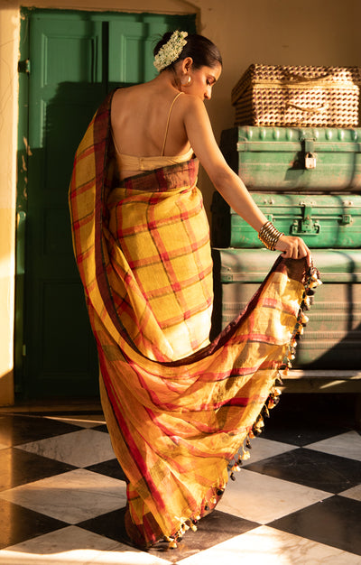 Striking Linen Saree in Goldenrod yellow, with Red & Black Checks