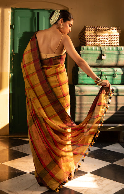 Striking Linen Saree in Goldenrod yellow, with Red & Black Checks