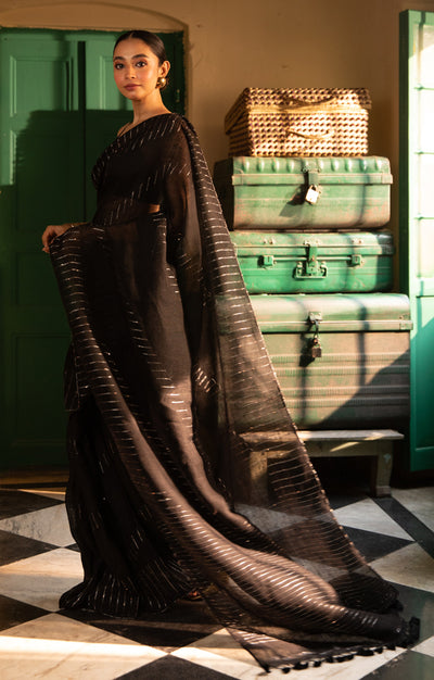 Stunning Black Linen Saree With Line Design & Woven In Sequence