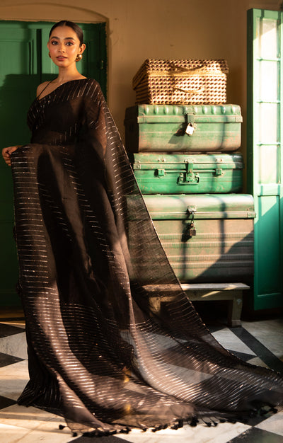 Stunning Black Linen Saree With Line Design & Woven In Sequence