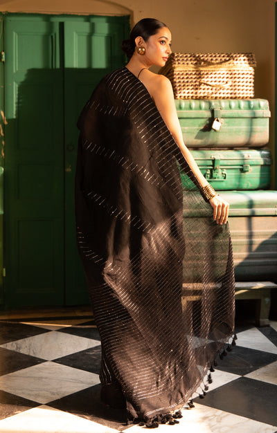 Stunning Black Linen Saree With Line Design & Woven In Sequence