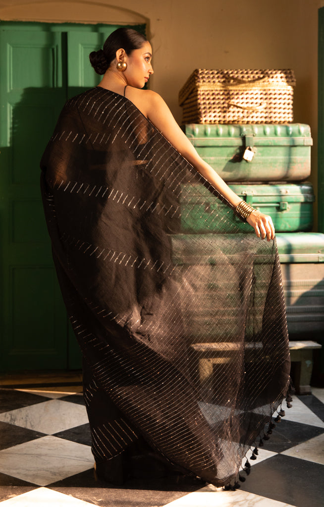 Stunning Black Linen Saree With Line Design & Woven In Sequence