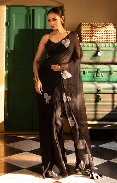 Stunning Black Linen Saree With 'Taash' Jamdani Work In White