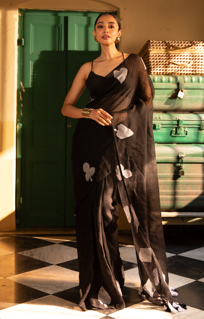 Stunning Black Linen Saree With 'Taash' Jamdani Work In White