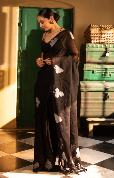 Stunning Black Linen Saree With 'Taash' Jamdani Work In White