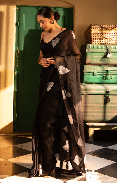 Stunning Black Linen Saree With 'Taash' Jamdani Work In White