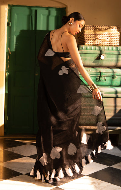 Stunning Black Linen Saree With 'Taash' Jamdani Work In White
