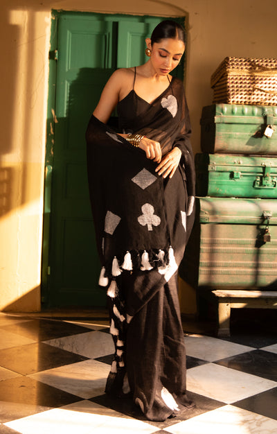 Stunning Black Linen Saree With 'Taash' Jamdani Work In White