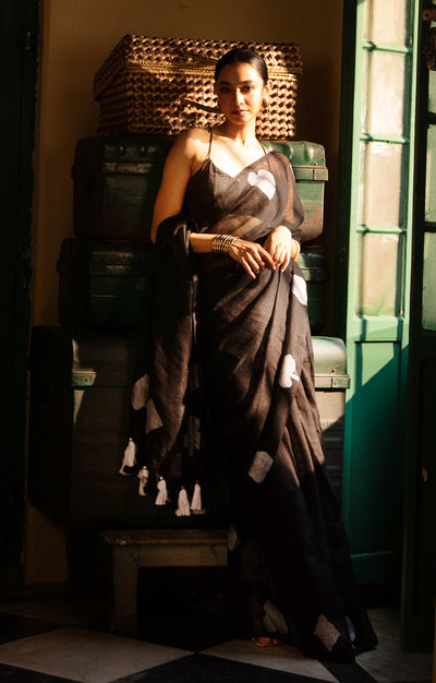 Stunning Black Linen Saree With 'Taash' Jamdani Work In White