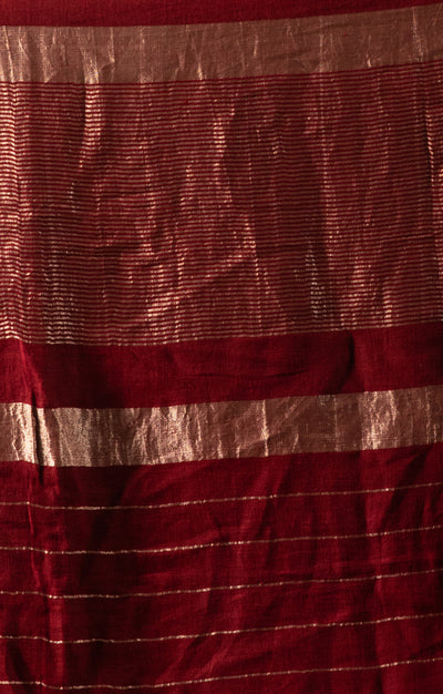 Maroon Linen Saree With Silver Zari Horizontal Strips
