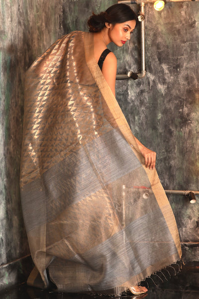 Silver Grey Matka Silk Saree with Geometric Zari Woven Design