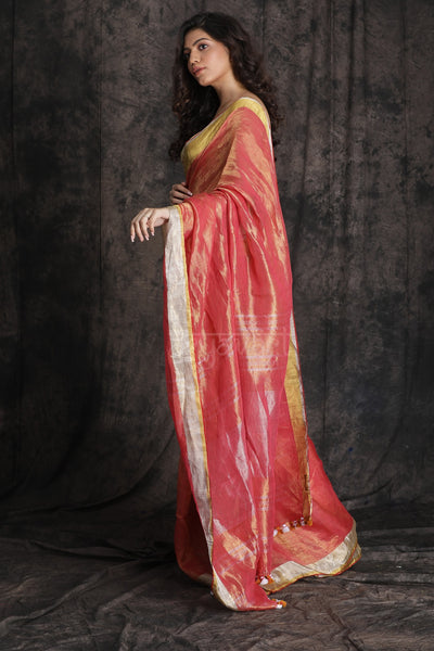 Red Organic Linen Saree With Interwoven Zari