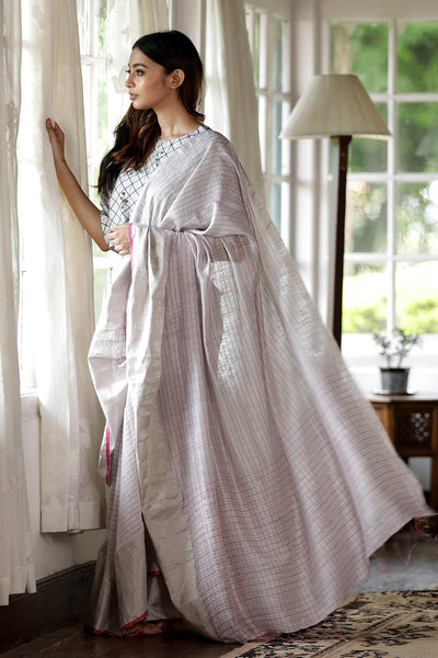 White Matka Silk Saree With Check Design