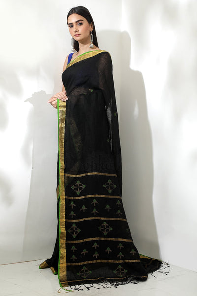Black Linen Zari Saree With Golden Zari Border