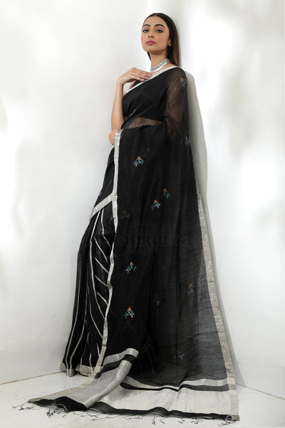 Black Linen Zari Saree With Striped Design