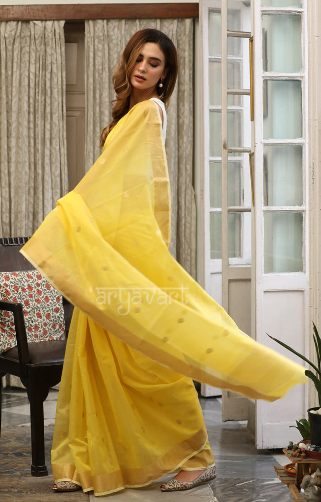 Sunshine Yellow Chanderi saree with Zari Polka dot Buttas
