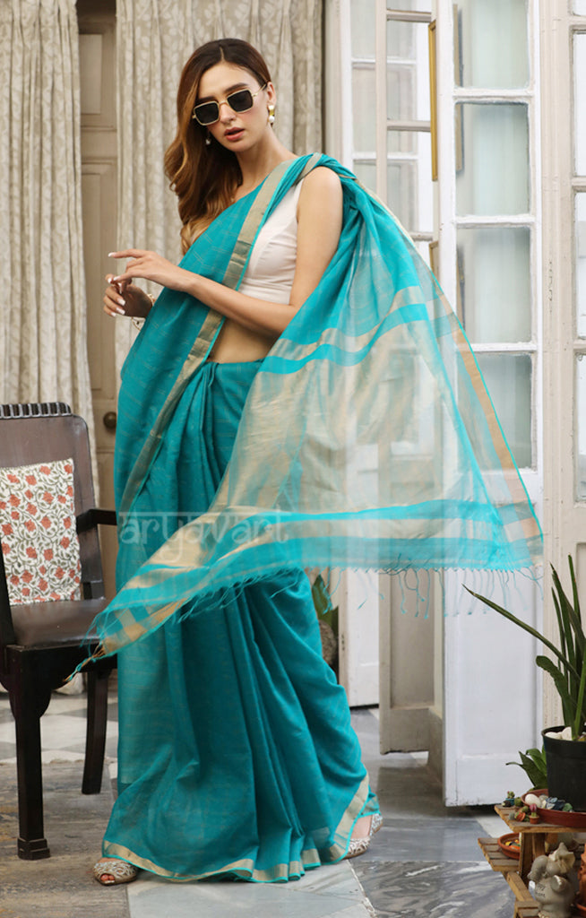 Teal Silk Cotton Saree With Woven Zari Checks & Zari Pallu