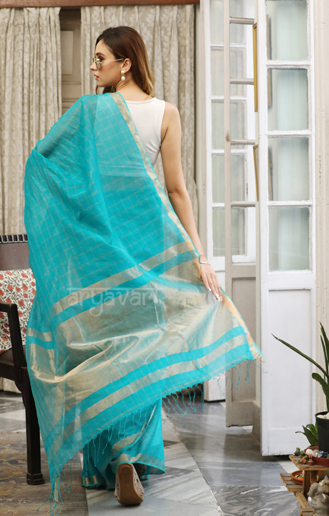Teal Silk Cotton Saree With Woven Zari Checks & Zari Pallu