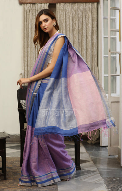 Lilac & Blue Linen Saree with Zari Border & pallu