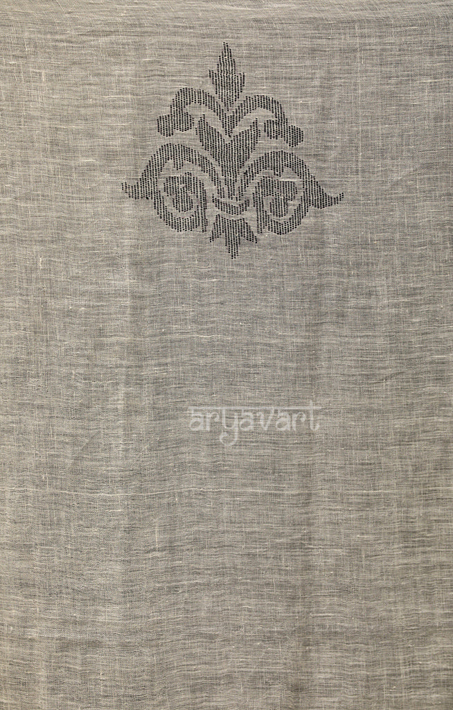 Off-White Linen saree With jamdani Black Woven Motifs