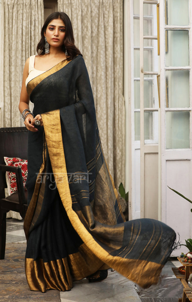 Charcoal Grey Linen Saree with a striking Zari Border & pallu