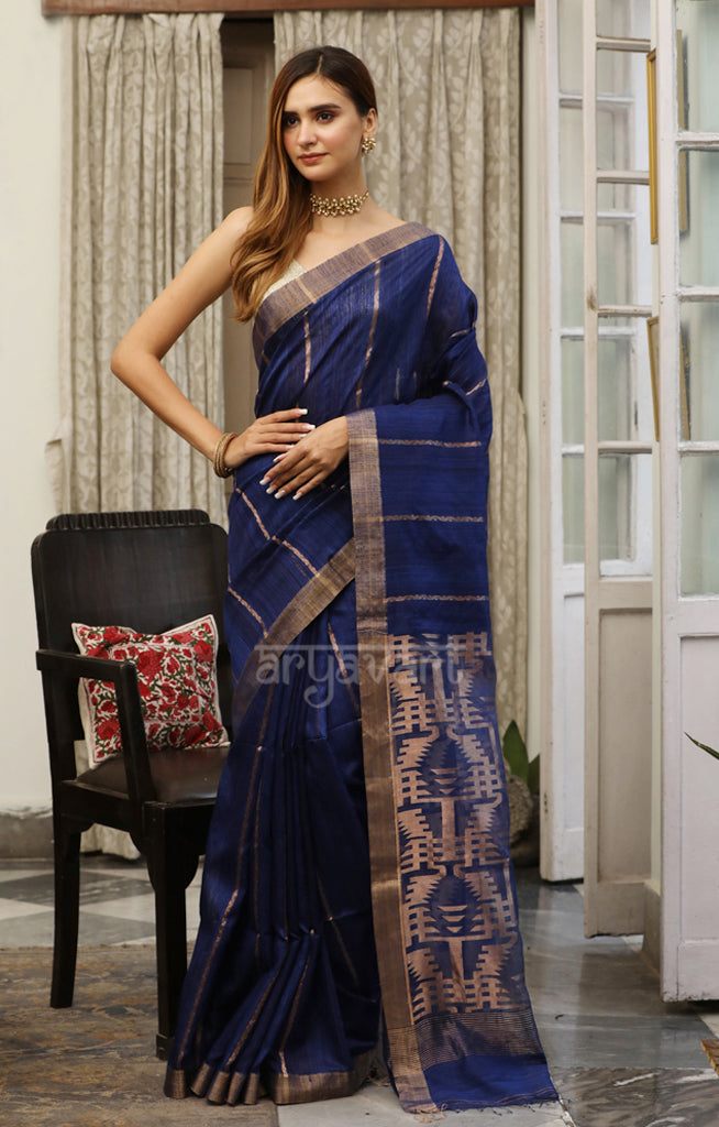 Midnight Blue Matka Silk Saree with Zari Stripes and Jamdani Woven Design in pallu