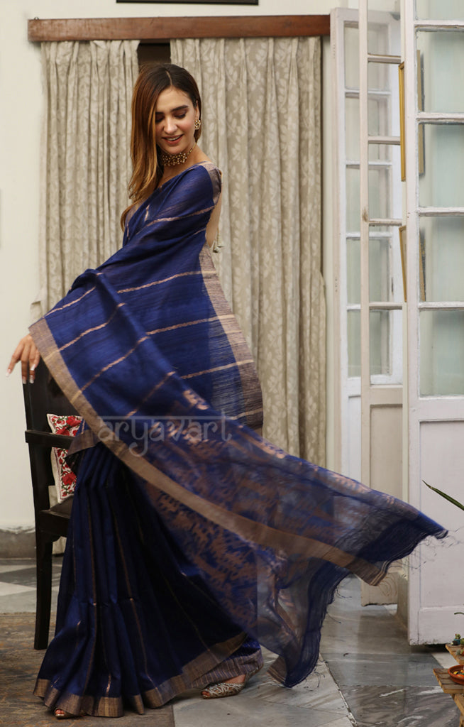Midnight Blue Matka Silk Saree with Zari Stripes and Jamdani Woven Design in pallu