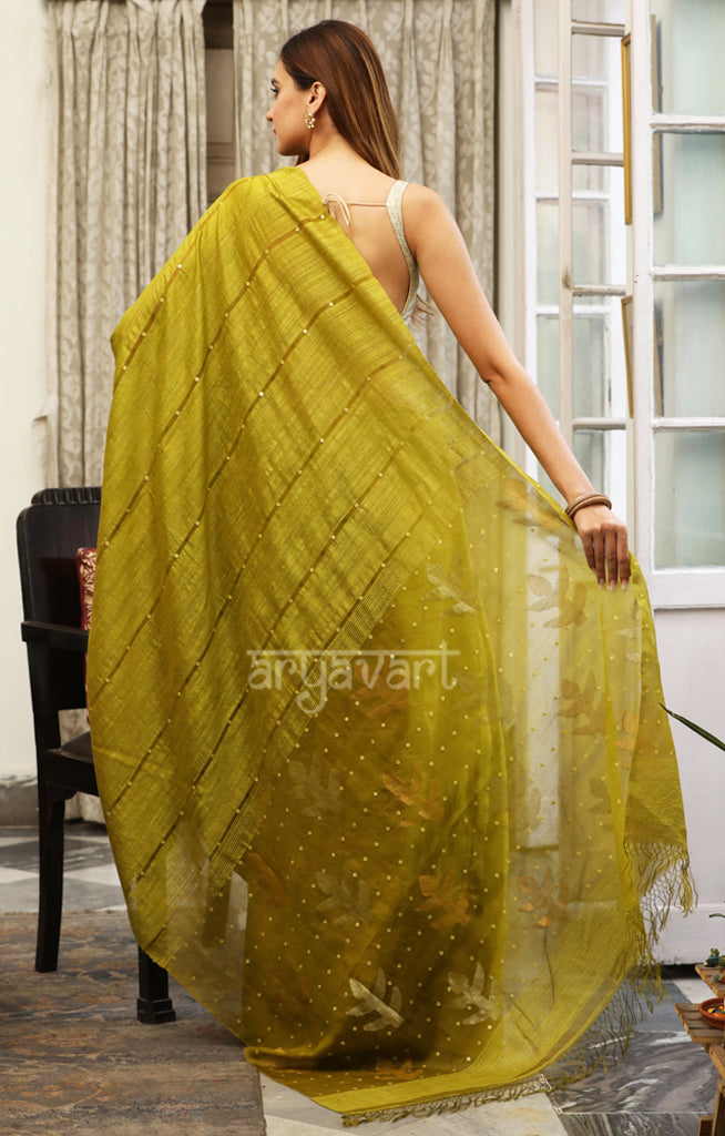 Olive Green Matka Silk Saree With Woven In sequence In Pallu