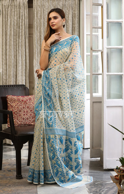 Ivory White Jamdani Saree with Terquoise Blue Woven Butta & Pallu