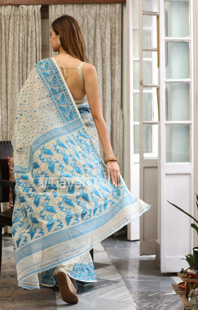 Ivory White Jamdani Saree with Terquoise Blue Woven Butta & Pallu
