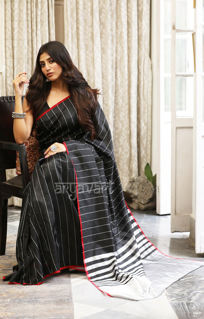 Striking Black & Silver striped Silk Chanderi Saree