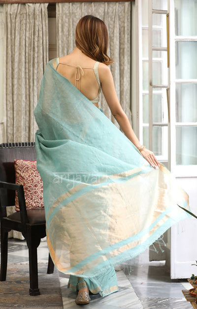 Mint Green Silk Cotton Saree With Woven Zari Checks & Zari Pallu