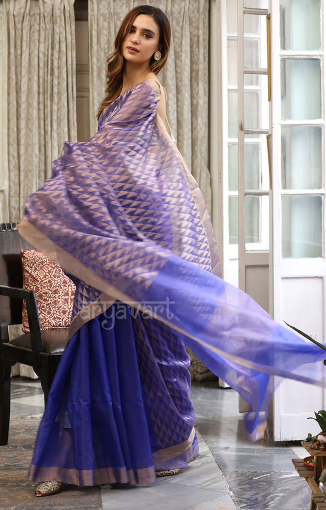 Royal Blue Silk Saree with Striking Geometric Jamdani Design