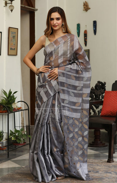 Steel Grey Matka Silk Saree with Woven Jamdani Design & woven in Sequence