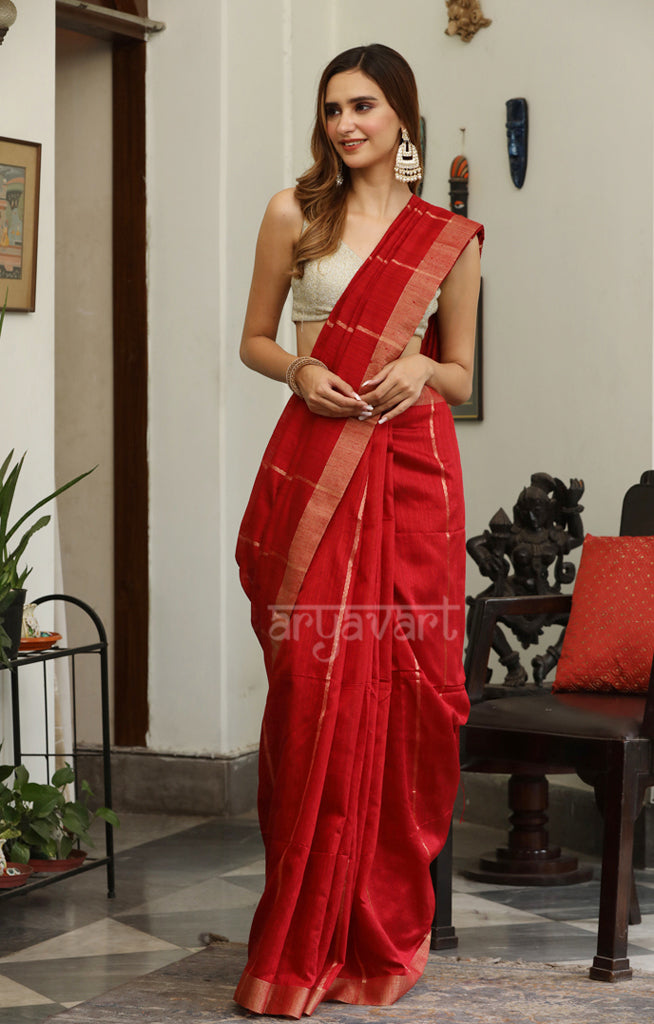 Ruby Red Matka Silk Saree with Zari Stripes and Jamdani Woven Design in pallu