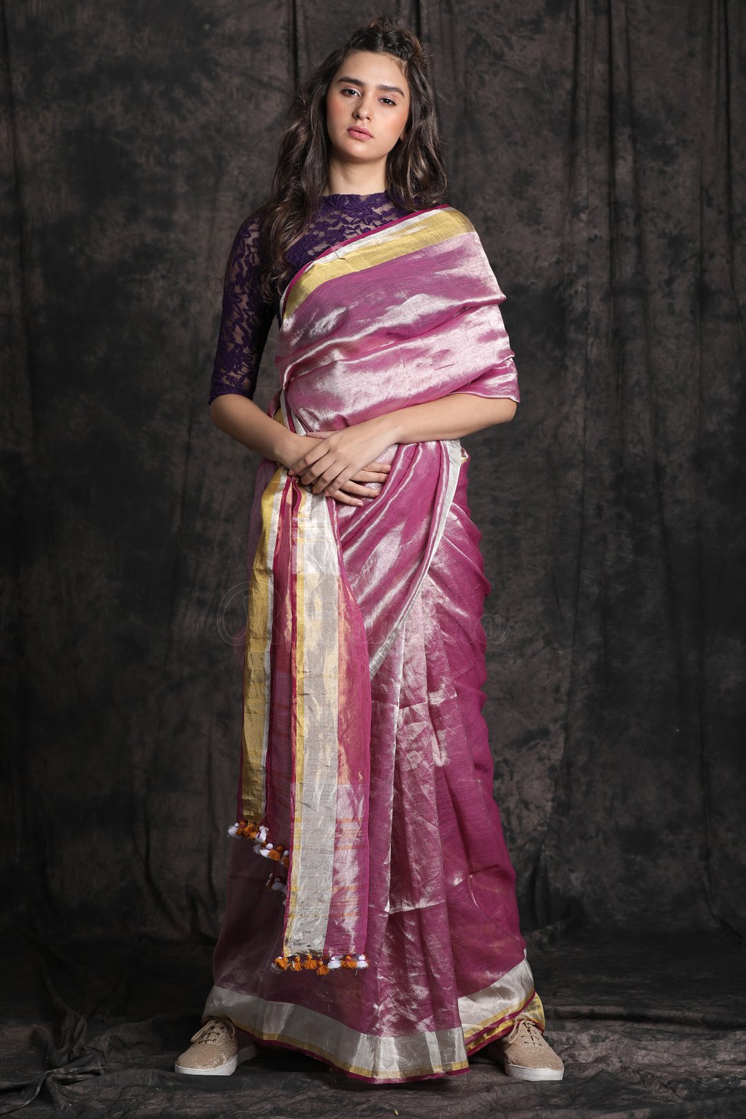 Pink Tissue Linen Saree With A Striking Border