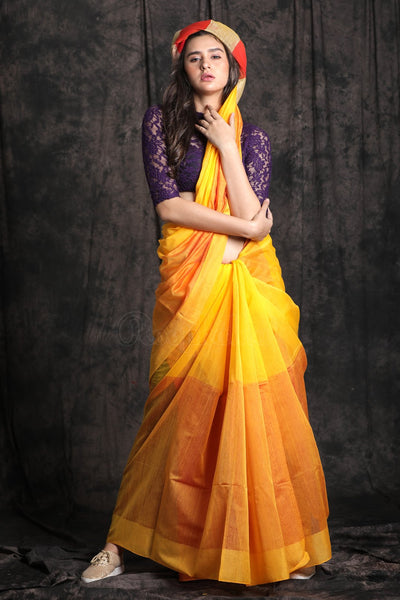 Yellow Blended Cotton Saree With Striped Pallu