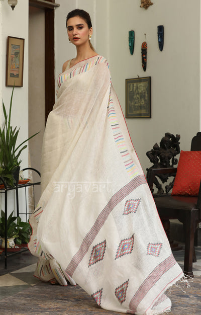 Ivory Linen Saree with Multicolour Jamdani Woven Design along the Border & Pallu