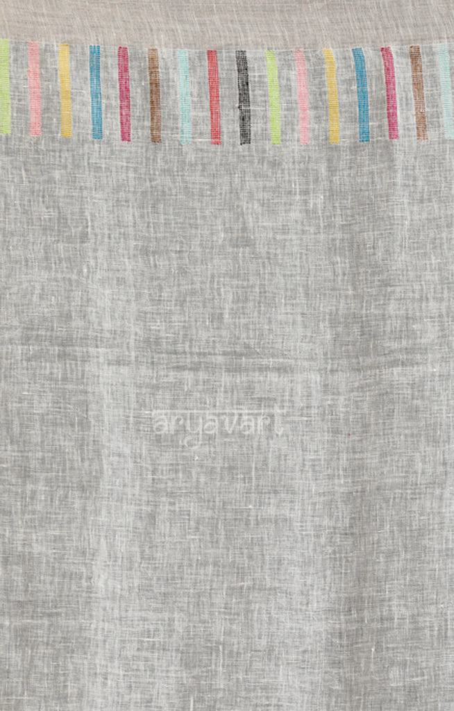 Ivory Linen Saree with Multicolour Jamdani Woven Design along the Border & Pallu