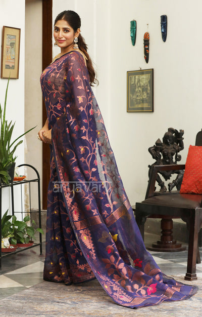Purple Jamdani Saree with Flower Vine Woven Design