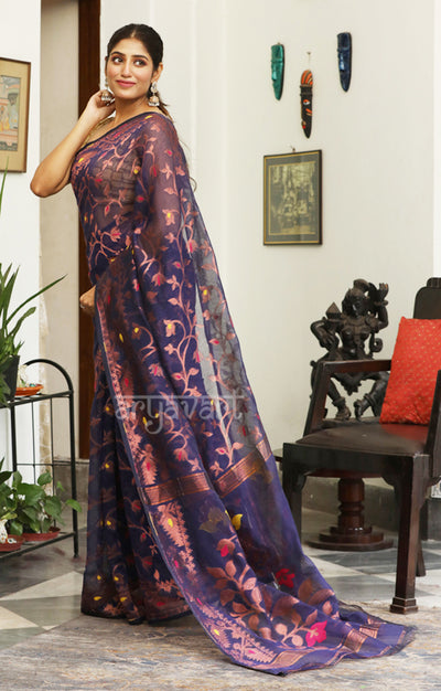 Purple Jamdani Saree with Flower Vine Woven Design