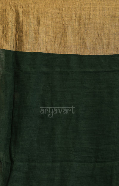Pine Green Linen Saree With Striking Zari Border & pallu