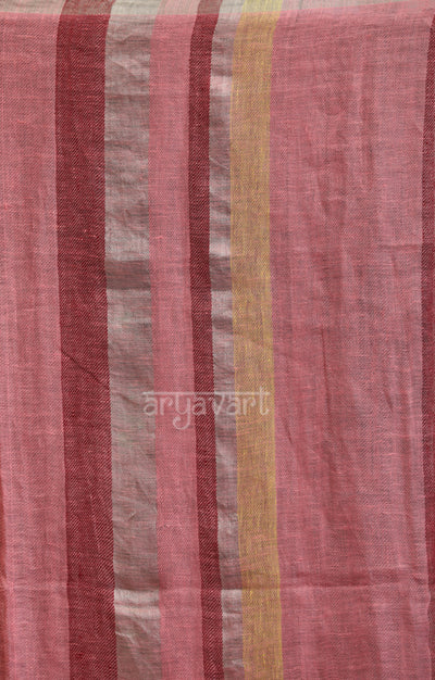 Coral , Maroon, Cream & Silver Zari Striped Linen Saree