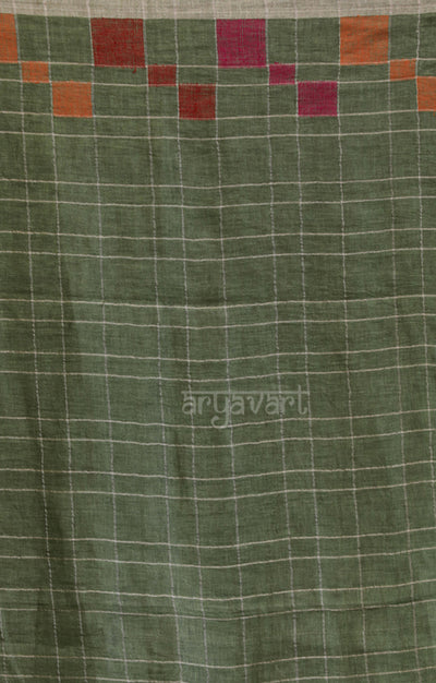 Olive green Linen Saree with Multicolour Jamdani Cube Woven Design along the Border & Pallu