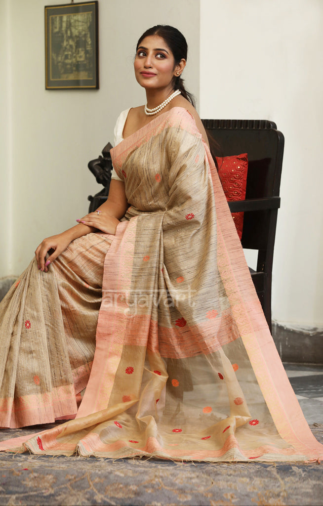 Ghicha Silk Saree with Woven Design & Peach Border