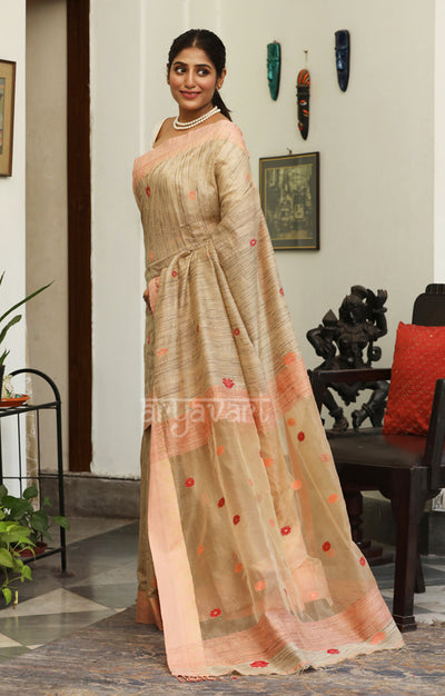Ghicha Silk Saree with Woven Design & Peach Border